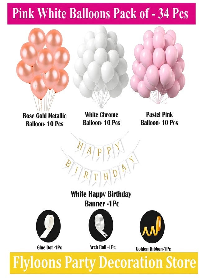 Flyloons زينة عيد ميلاد سعيد من فلاي لونز، بتصميم أبيض ووردي، للبنات والسيدات والأمراء والأطفال | 30 بالونًا ورديًا وأبيض وذهبيًا ورديًا | لافتة ورقية بيضاء مكتوب عليها "عيد ميلاد سعيد" | شريط قوس | نقاط لاصقة - Image 2